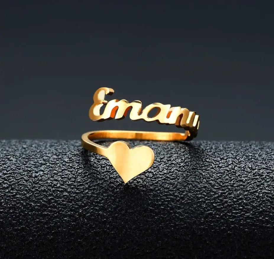 Gold-tone customized name ring with heart charm, stainless steel, FLIPSTYLEZLLC on Tampa Home & Garden Store