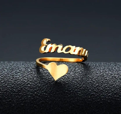 Gold-tone customized name ring with heart charm, stainless steel, FLIPSTYLEZLLC on Tampa Home & Garden Store