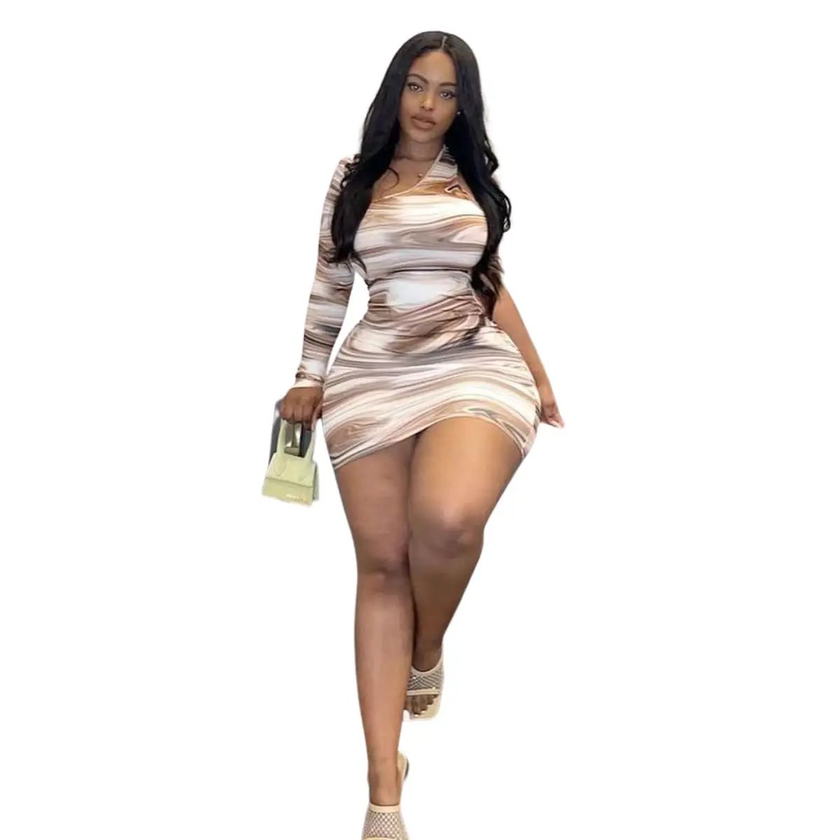 White-Brown woodgrain print one-sleeve bodycon mini dress beige with pale yellow handbag on Tampa Home & Garden Store
