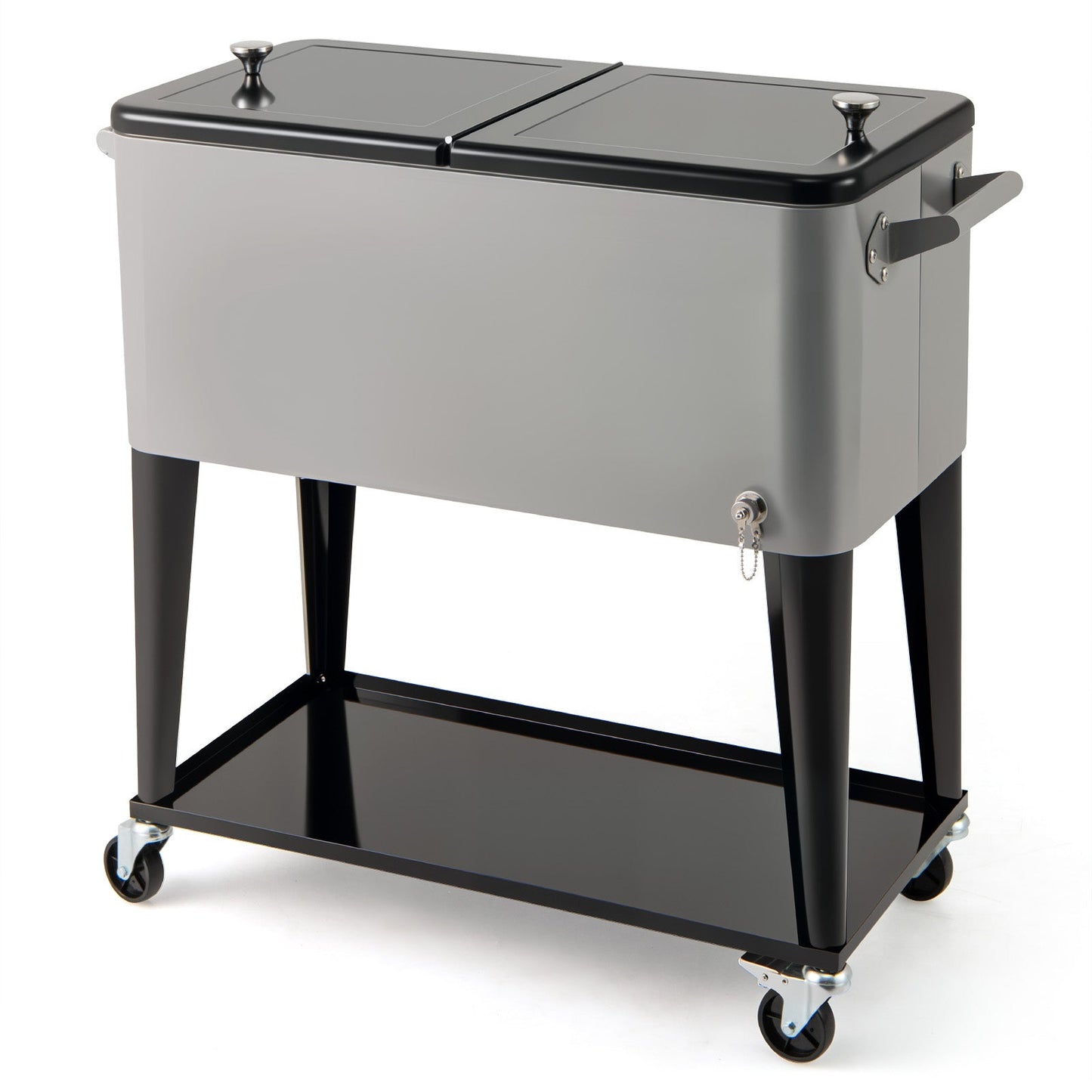 GemGear portable patio cooler with bottom storage shelf and bottle opener on a wheeled gray dual-lid cart on Tampa Home & Garden Store