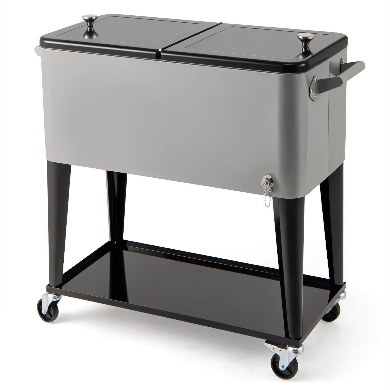 GemGear portable patio cooler with bottom storage shelf and bottle opener on a wheeled gray dual-lid cart on Tampa Home & Garden Store