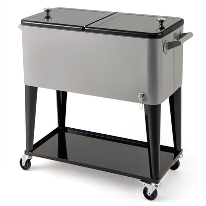 GemGear portable patio cooler with bottom storage shelf and bottle opener on a wheeled gray dual-lid cart on Tampa Home & Garden Store