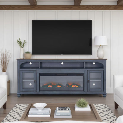 Fireplace TV stand blue-gray with glass doors and electric insert for 95-in TVs on Tampa Home & Garden Store