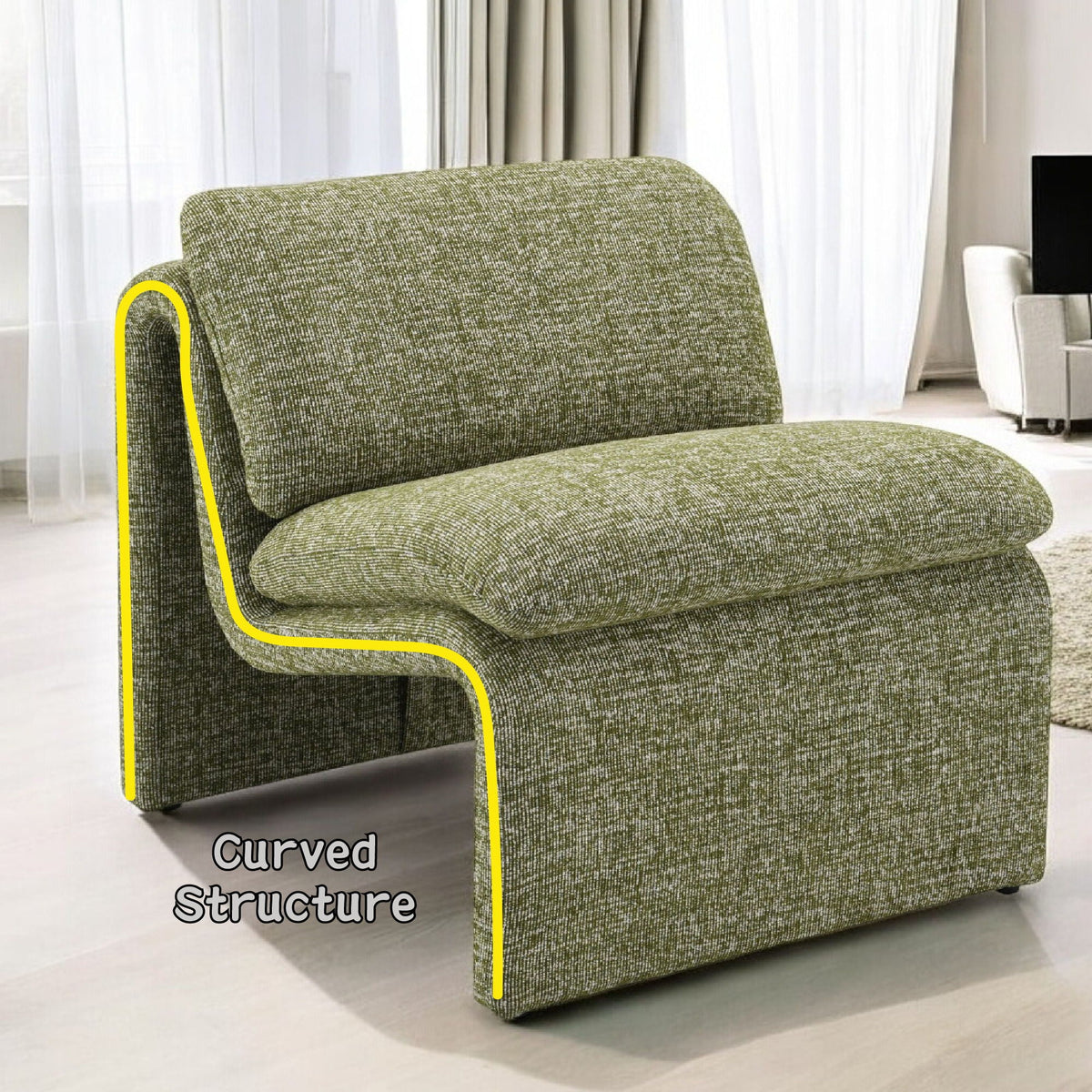 Curved Shape Accent Chair in green premium fabric upholstery by HouseOfZazla on Tampa Home & Garden Store