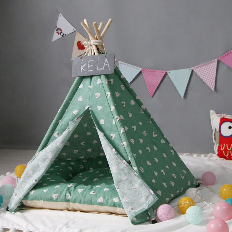 Pet tent kennel teal-green fabric teepee with white heart pattern and wooden poles Sell My Stuff on Tampa Home & Garden Store