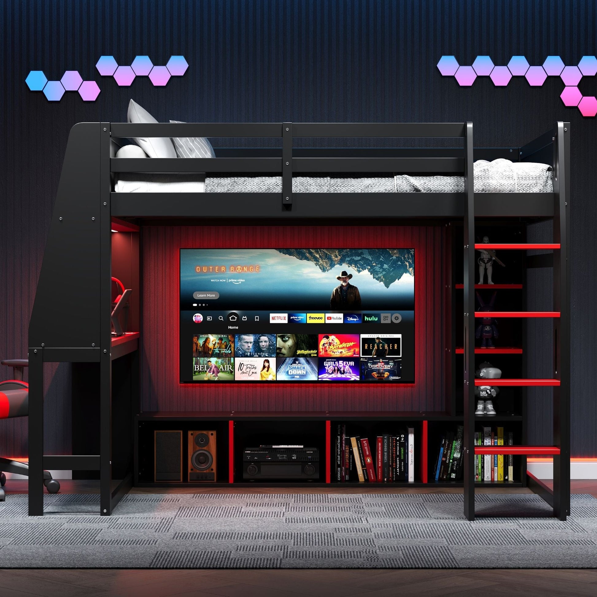 Gaming loft bed with desk, black frame, LED, storage shelves, clothes rack by HouseOfZazla on Tampa Home & Garden Store