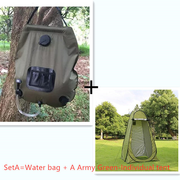 Water bag and army-green privacy tent for camping, portable shower setup My Store on Tampa Home & Garden Store