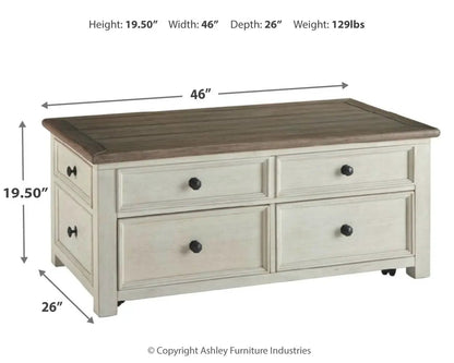 Bolanburg lift-top cocktail table white/beige with dark brown top 46in wide four drawers on Tampa Home & Garden Store