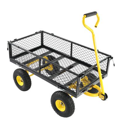 Outdoor wagon cart with black wire mesh basket and yellow wheels and handle on Tampa Home & Garden Store