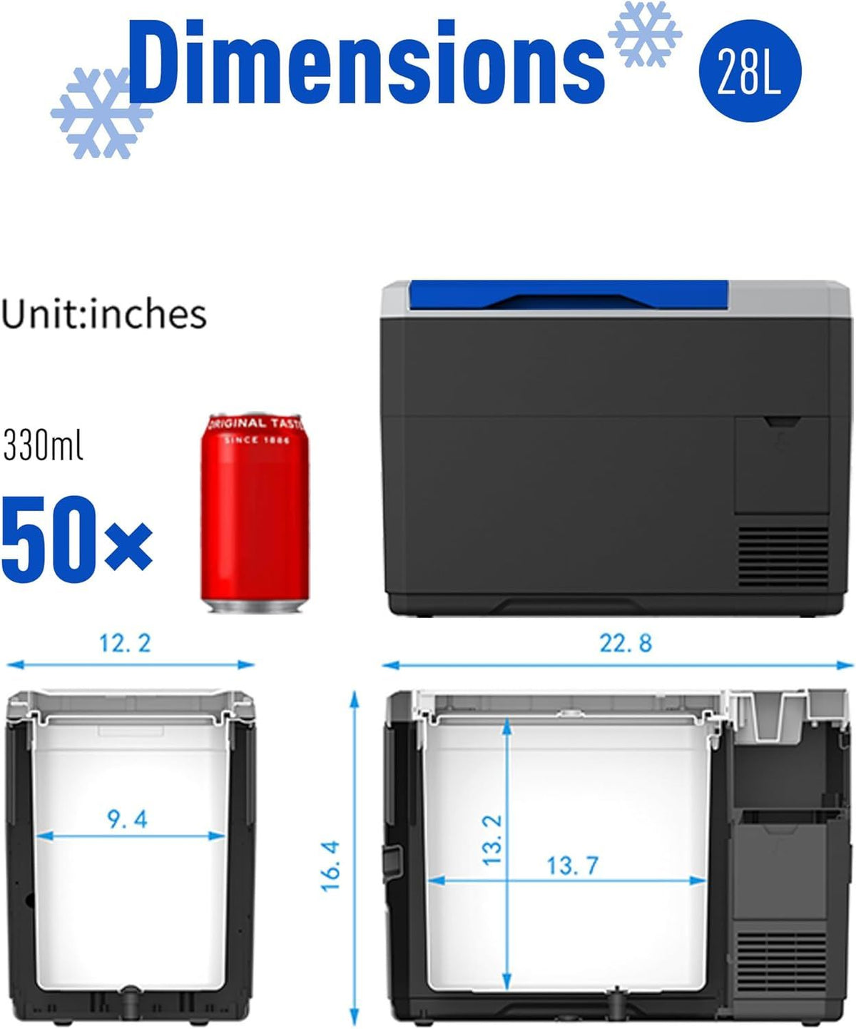 Portable 12V car freezer with blue lid, black body, 28L capacity on Tampa Home & Garden Store
