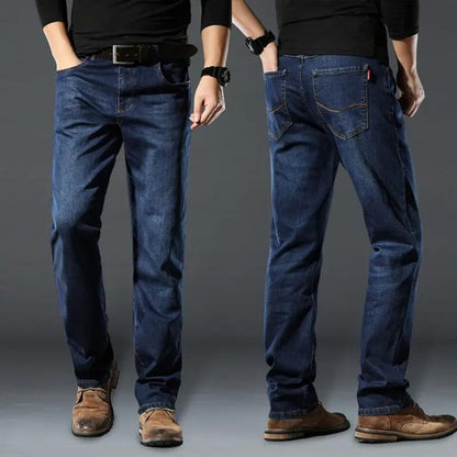 High Elastic Men's Straight Loose Jeans FLIPSTYLEZLLC blue denim, front/back, 2 shown on Tampa Home & Garden Store