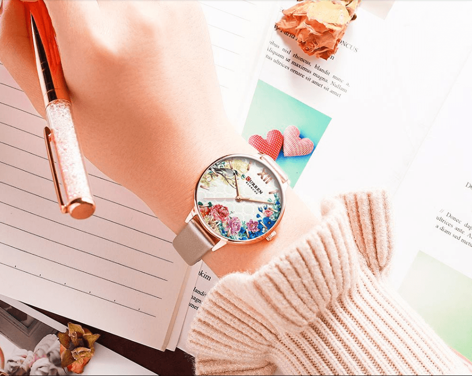 Stevvex womens watch with decoupage floral dial and large roman numerals rose gold on Tampa Home & Garden Store