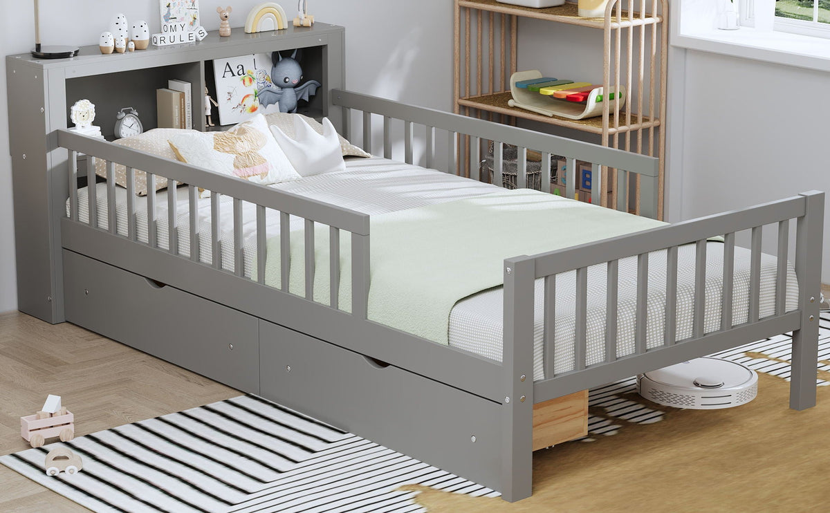 Gray HouseOfZazla storage bed with headboard rack, 2 under-bed drawers and 3 side guardrails on Tampa Home & Garden Store