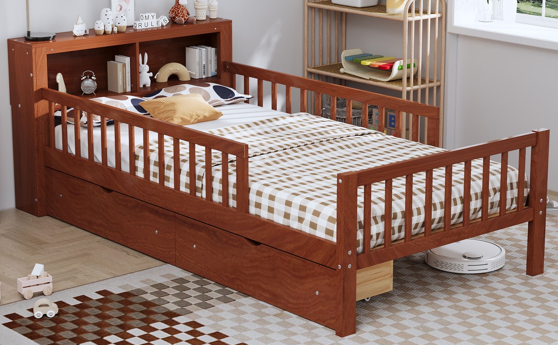 Bed with headboard storage rack, by HouseOfZazla, 2 under-bed drawers, 3 side guardrails on Tampa Home & Garden Store