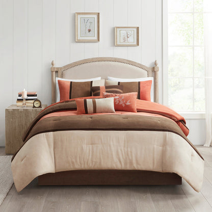 7 Piece Faux Suede Comforter Set Coral Queen by HouseOfZazla in coral brown tones on beige bed on Tampa Home & Garden Store