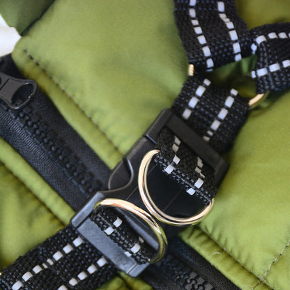 Pet Zen green padded dog jacket for small dogs with black striped strap and metal rings on Tampa Home & Garden Store