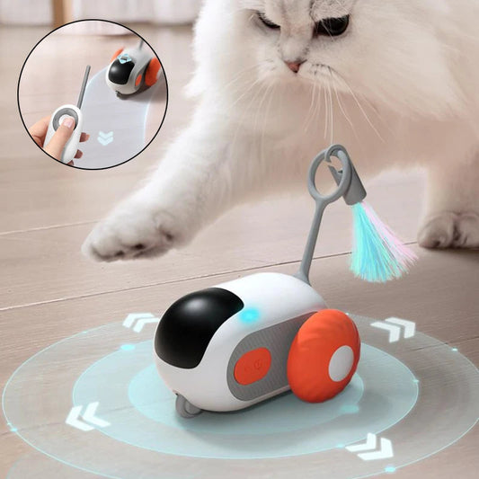 Remote control interactive cat car toy, white-gray body, orange wheels and LED, remote inset on Tampa Home & Garden Store