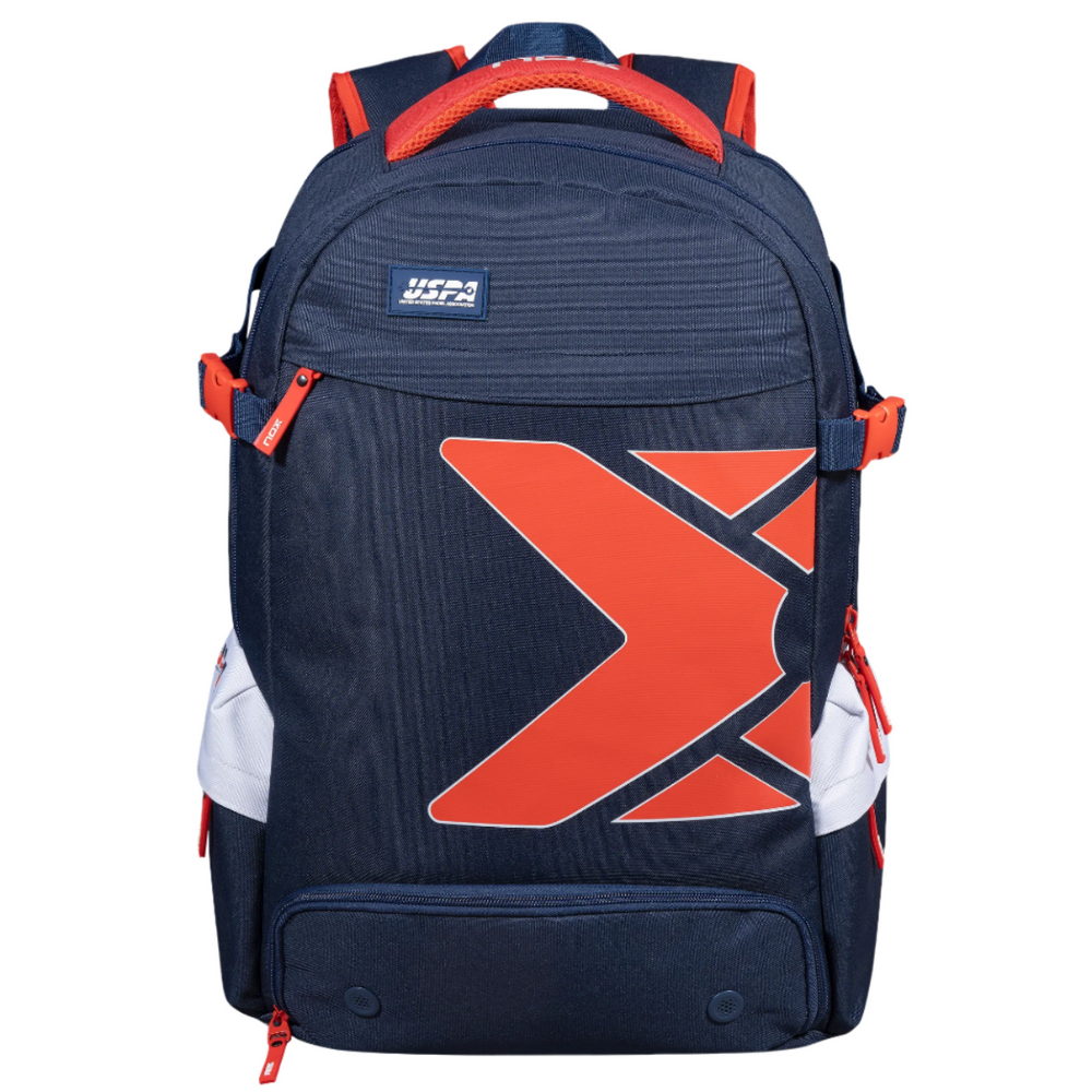 Nox Padel Backpack USPA Pro Series navy with orange accents and large logo by Racket Central on Tampa Home & Garden Store