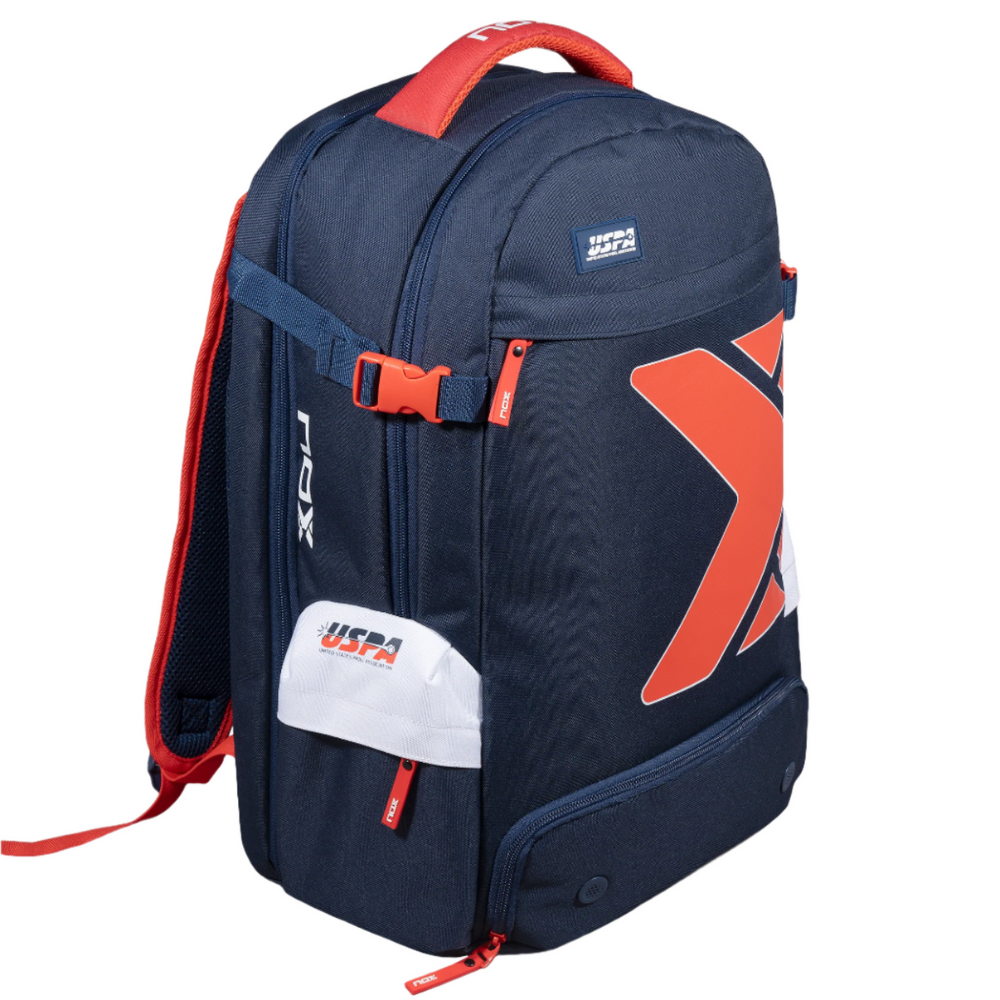 Nox Padel Backpack USPA Pro Series navy with orange zips and X graphic by Racket Central on Tampa Home & Garden Store