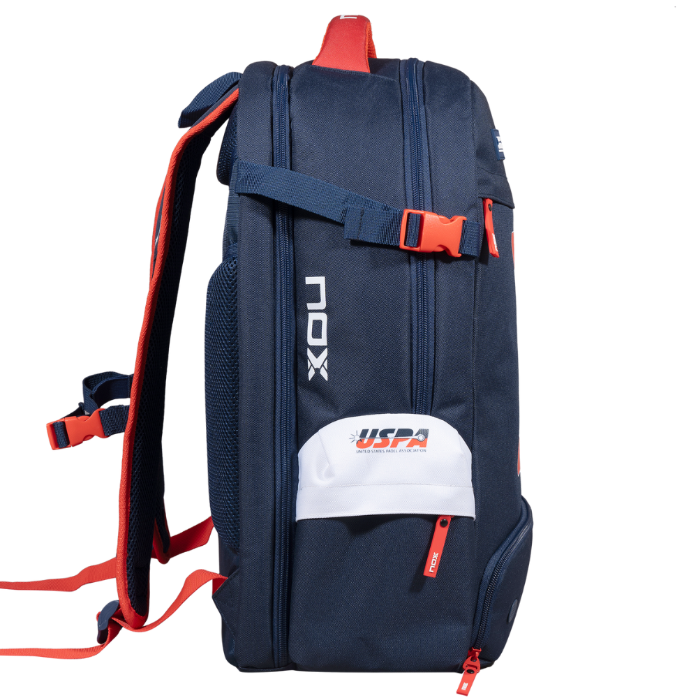 Nox Padel Backpack USPA Pro Series navy with red zippers, red buckle strap, NOX logo and USPA patch on Tampa Home & Garden Store