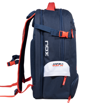 Nox Padel Backpack USPA Pro Series navy with red zippers, red buckle strap, NOX logo and USPA patch on Tampa Home & Garden Store