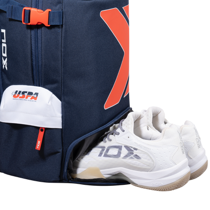 NOX Padel Backpack navy bag with orange buckle and white shoe pocket on Tampa Home & Garden Store