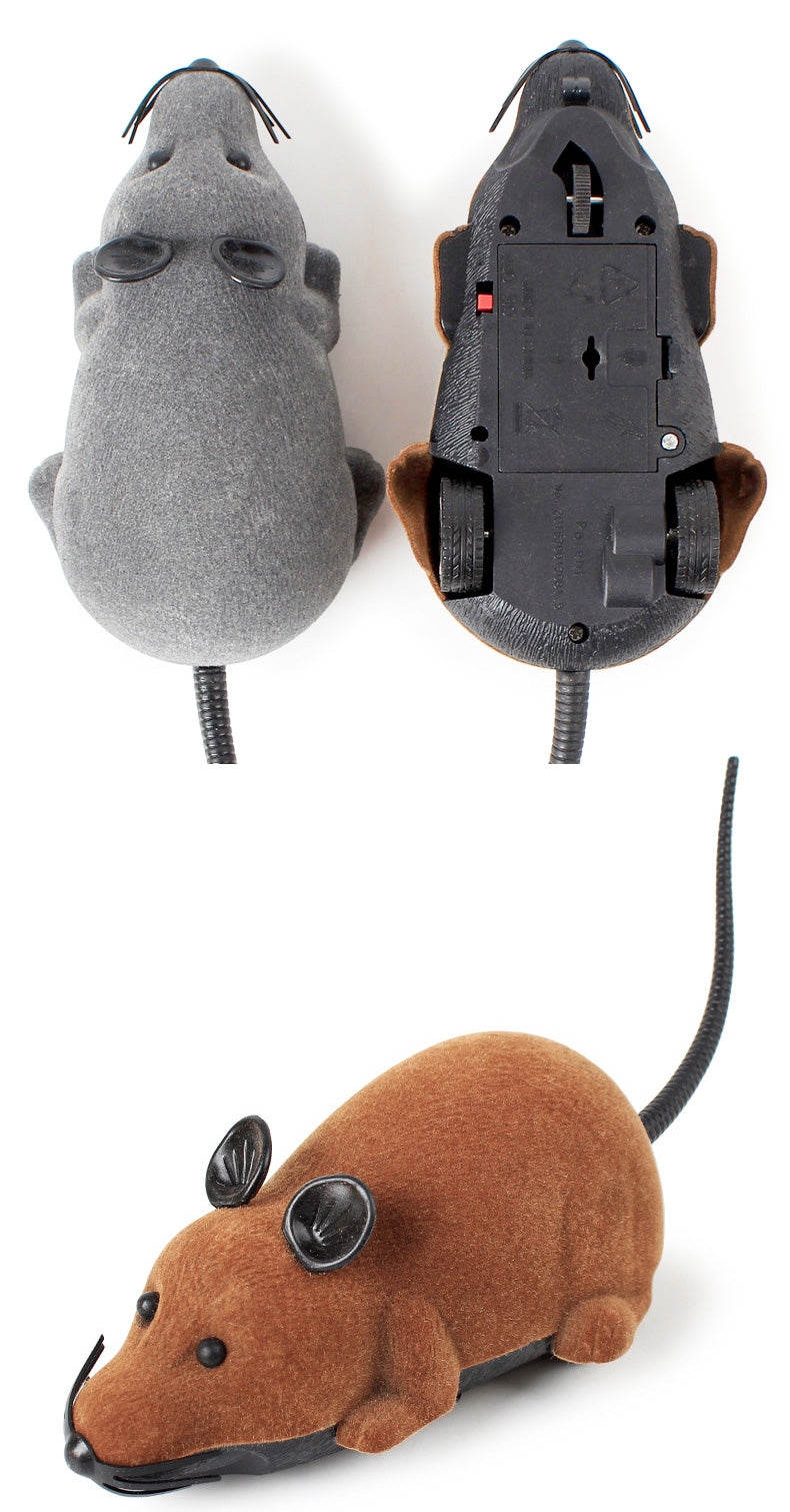 Three fuzzy cat toy mice: gray, black remote-control mice with battery and a plush brown mouse on Tampa Home & Garden Store