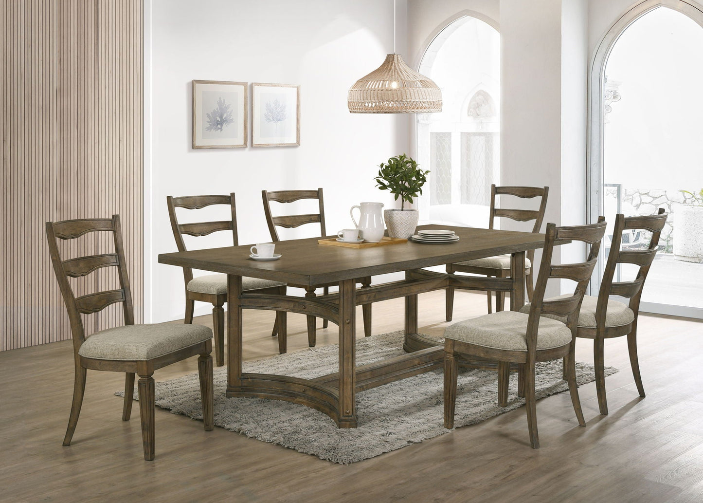 Parfield 7-piece dining set in light brown oak with table and six ladder-back chairs on Tampa Home & Garden Store