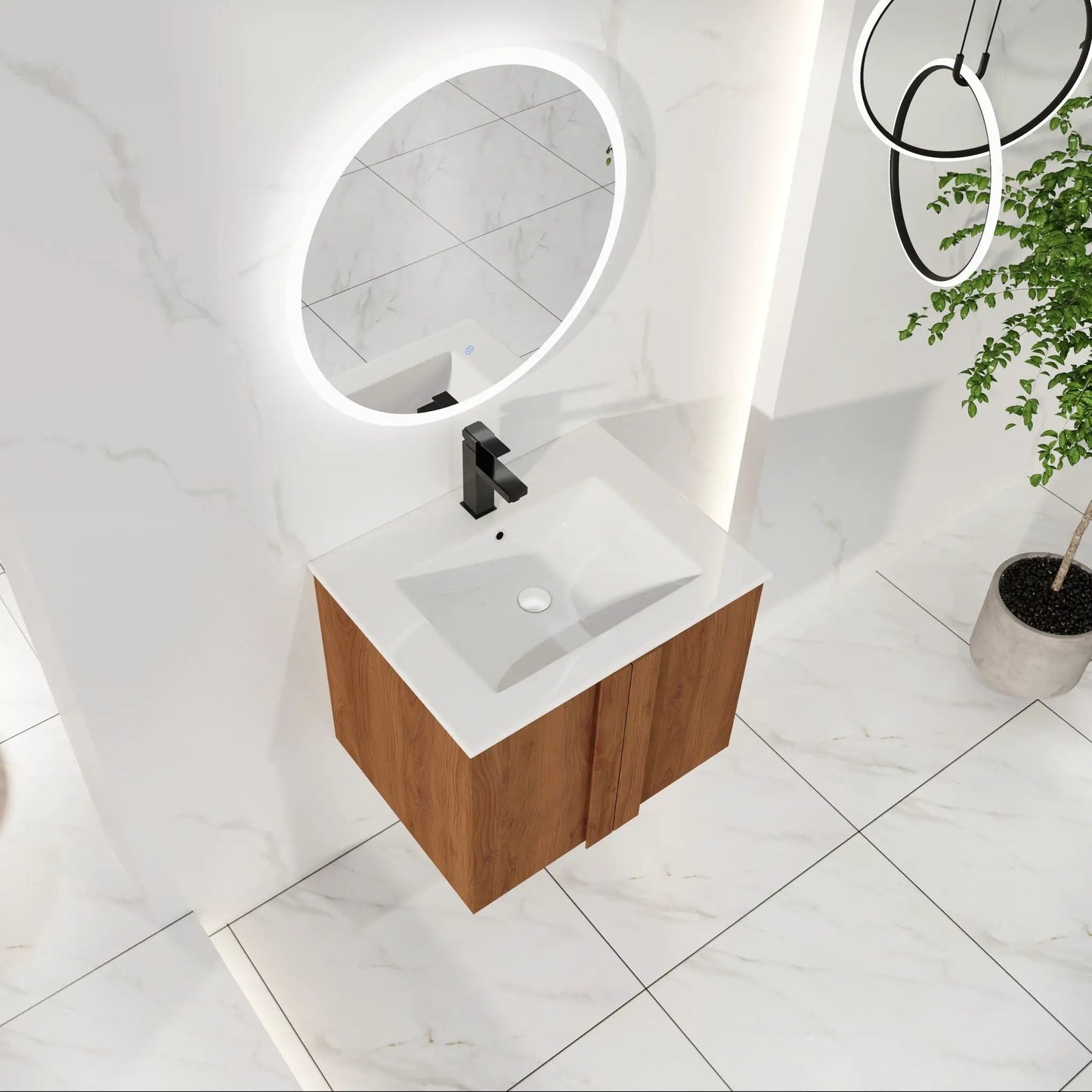 Floating vanity with sink in wood veneer, white countertop, black faucet, round mirror on Tampa Home & Garden Store