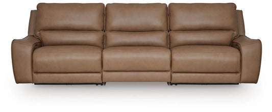 DeepWakes power reclining sectional in tan leather, 3-seat configuration with built-in recline on Tampa Home & Garden Store