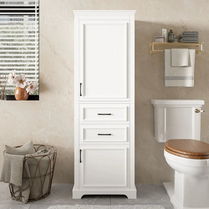 White freestanding bathroom linen cabinet with damping hinge doors and adjustable shelves on Tampa Home & Garden Store