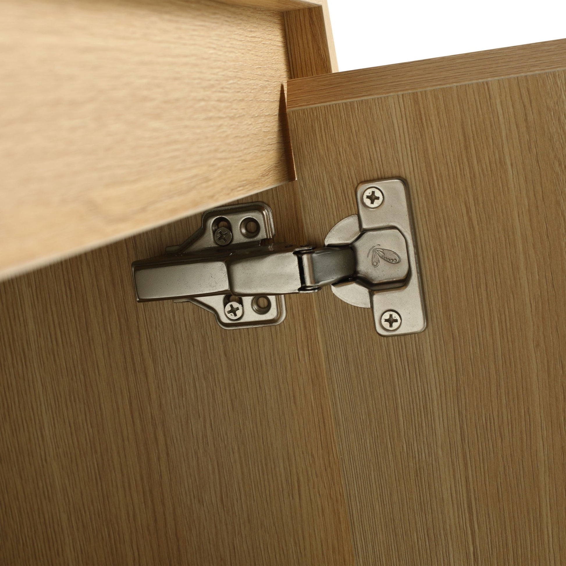 Modern bathroom vanity cabinet interior with metal hinge hardware in oak finish HouseOfZazla on Tampa Home & Garden Store