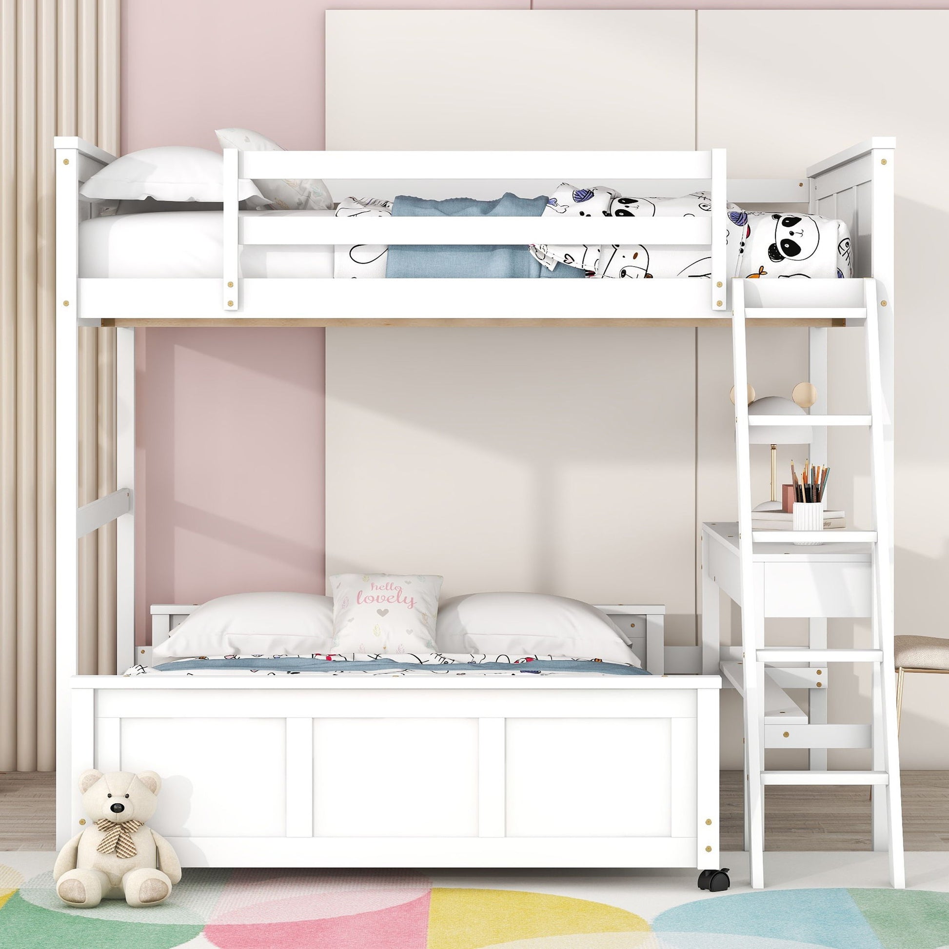 Full over full bunk bed with desk, white frame with guard rails by Unique Piece Furniture on Tampa Home & Garden Store