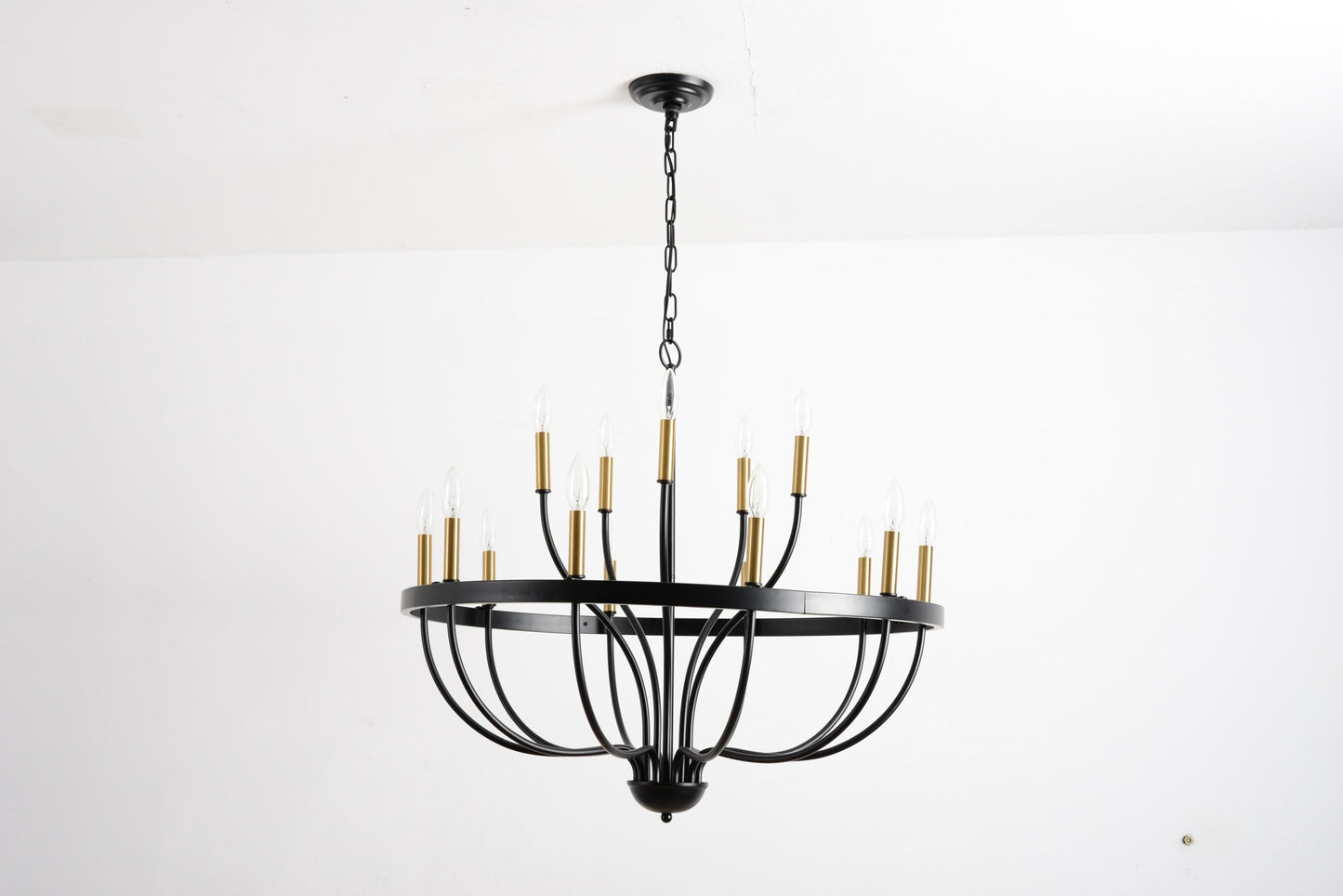 18-Light Industrial Iron Candle Chandelier HouseOfZazla black iron frame with gold candle sleeves and hanging chain on Tampa Home & Garden Store