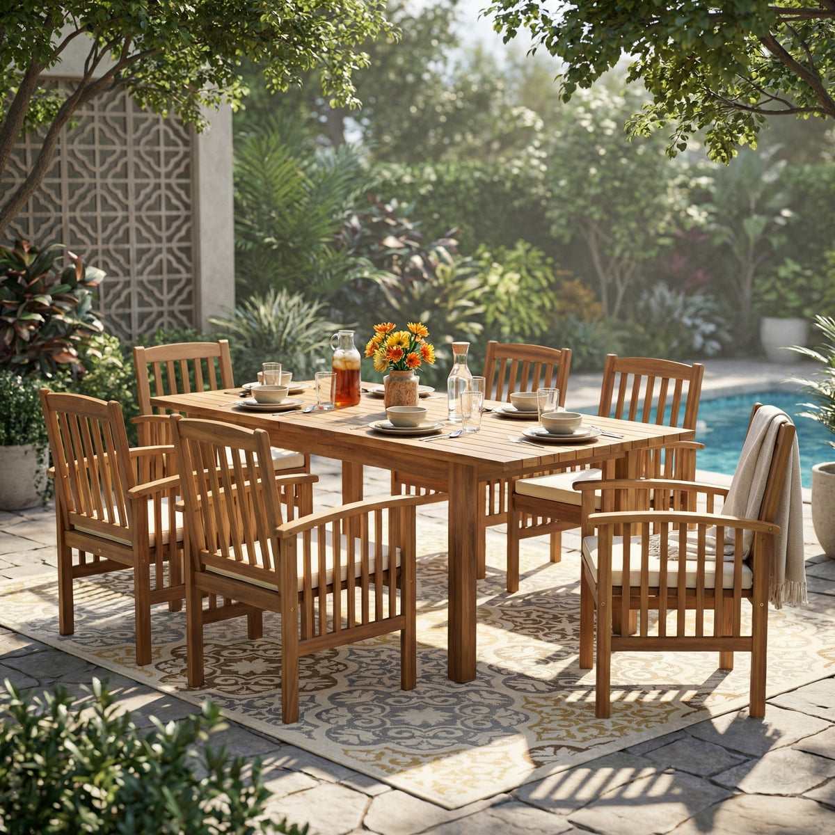 Acacia Wood Outdoor Dining Table and Chairs Set in natural finish with rectangular table on Tampa Home & Garden Store