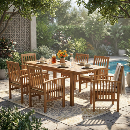 Acacia Wood Outdoor Dining Table and Chairs Set in natural finish with rectangular table on Tampa Home & Garden Store