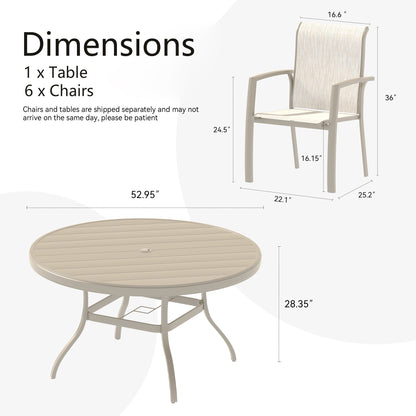 7 Pieces Patio Dining Set HouseOfZazla round beige table with 6 beige-woven chairs on Tampa Home & Garden Store