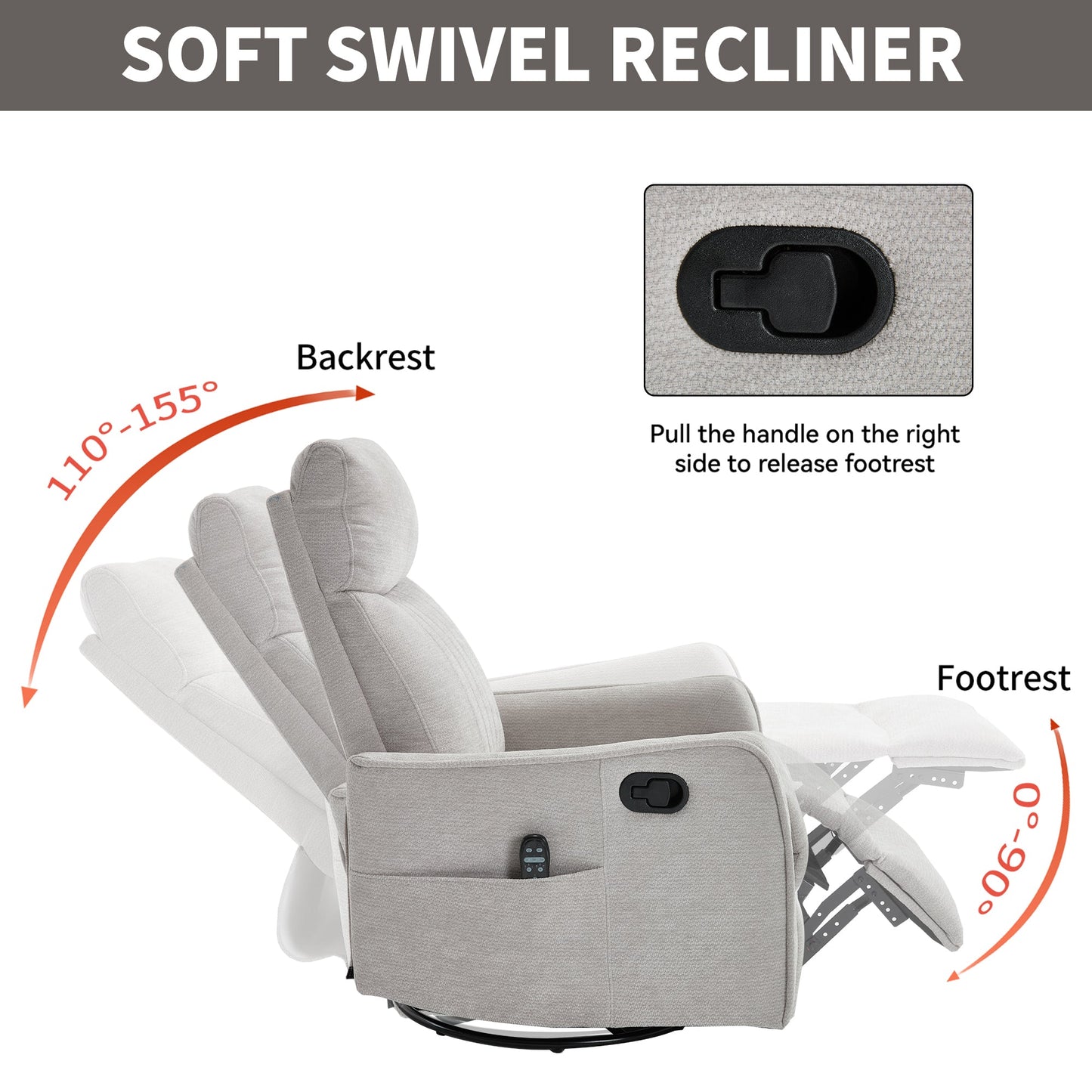 Comfortmax Swivel and Rocking Recliner gray fabric by HouseOfZazla with side pocket and remote on Tampa Home & Garden Store