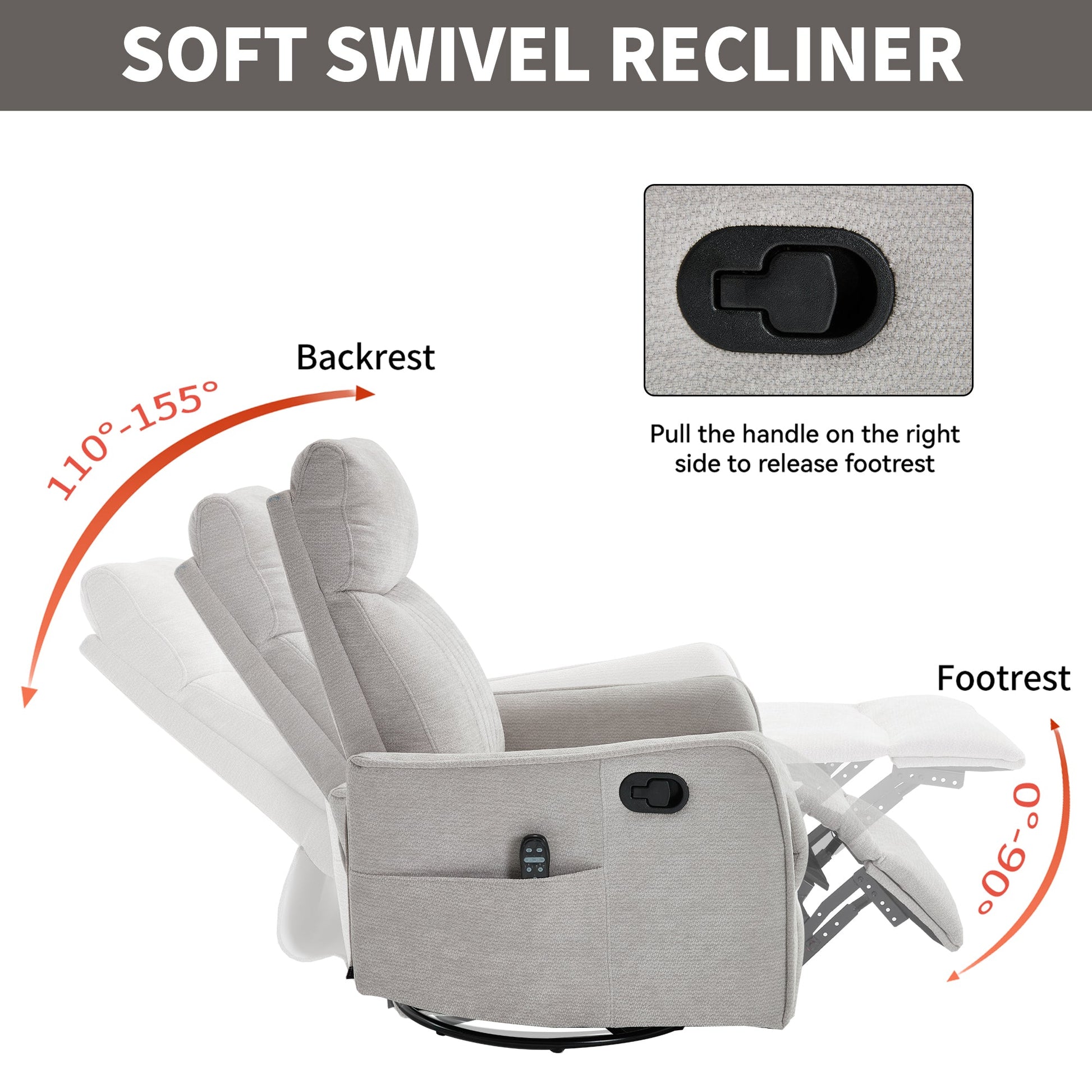 Comfortmax Swivel and Rocking Recliner gray fabric by HouseOfZazla with side pocket and remote on Tampa Home & Garden Store