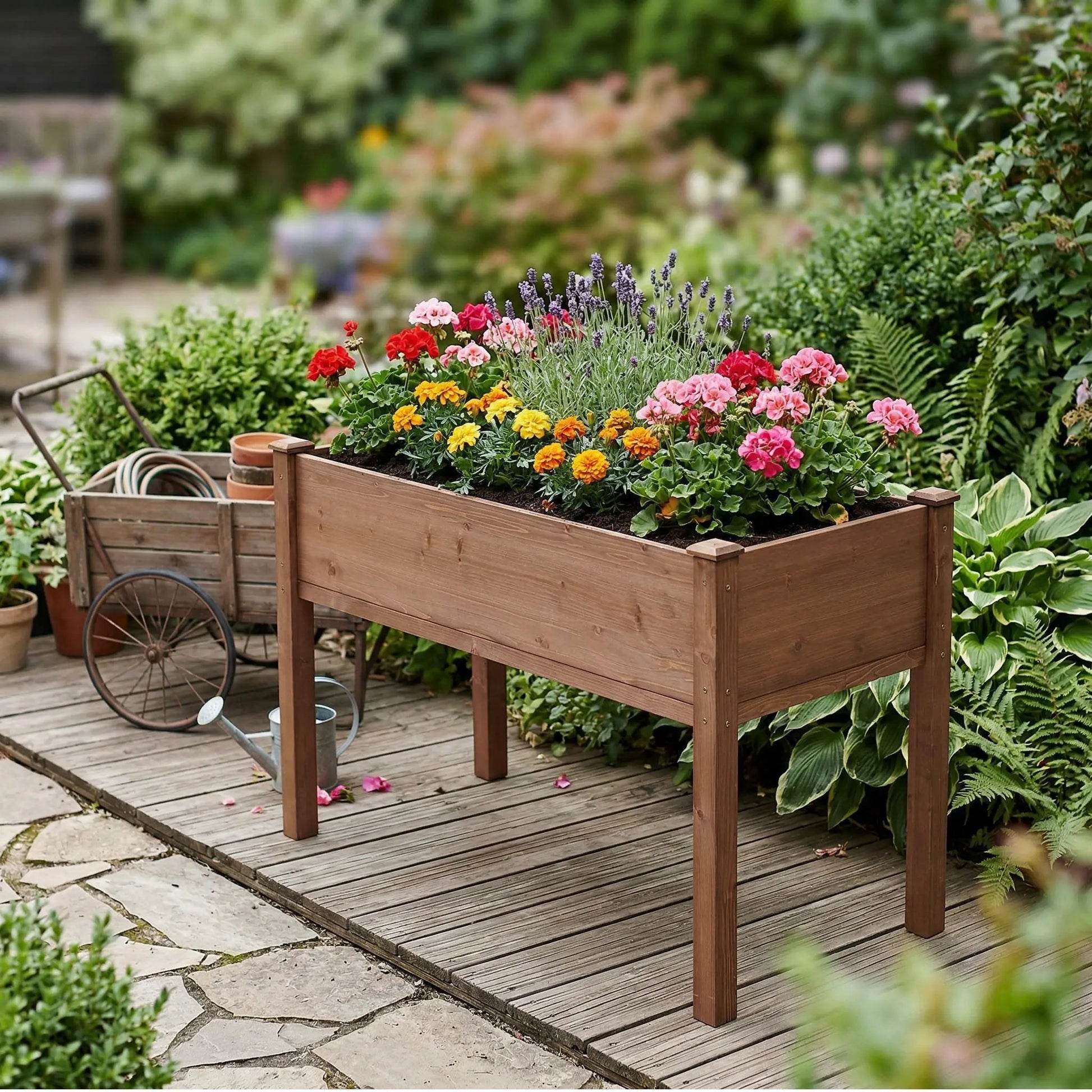 Elevated wooden garden bed by Unique Piece Furniture with flowers on a deck on Tampa Home & Garden Store