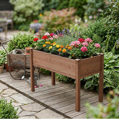 Elevated wooden garden bed by Unique Piece Furniture with flowers on a deck on Tampa Home & Garden Store