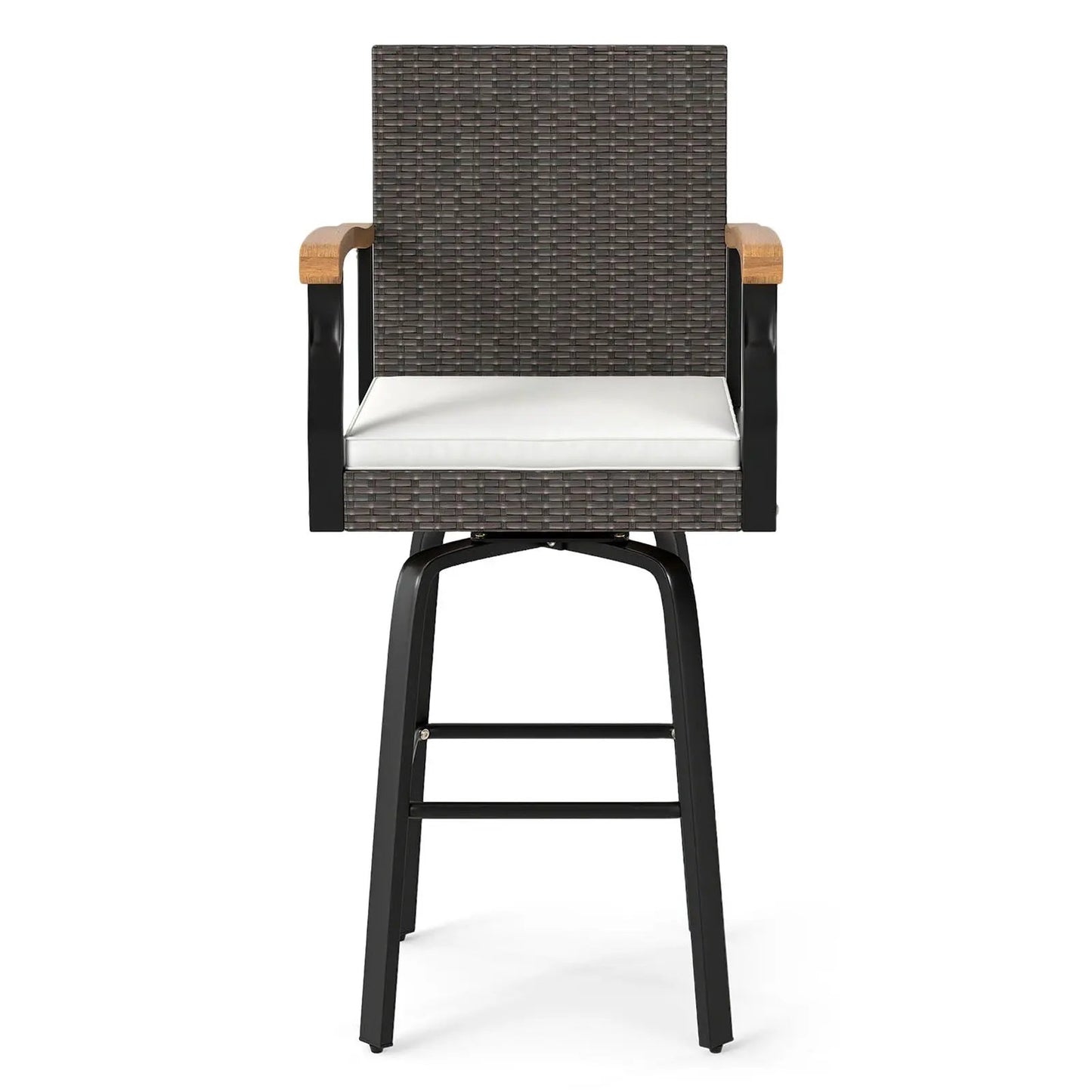 Set of 2 outdoor 360 swivel bar stools DirectDeals brown wicker acacia wood arms white cushions on Tampa Home & Garden Store