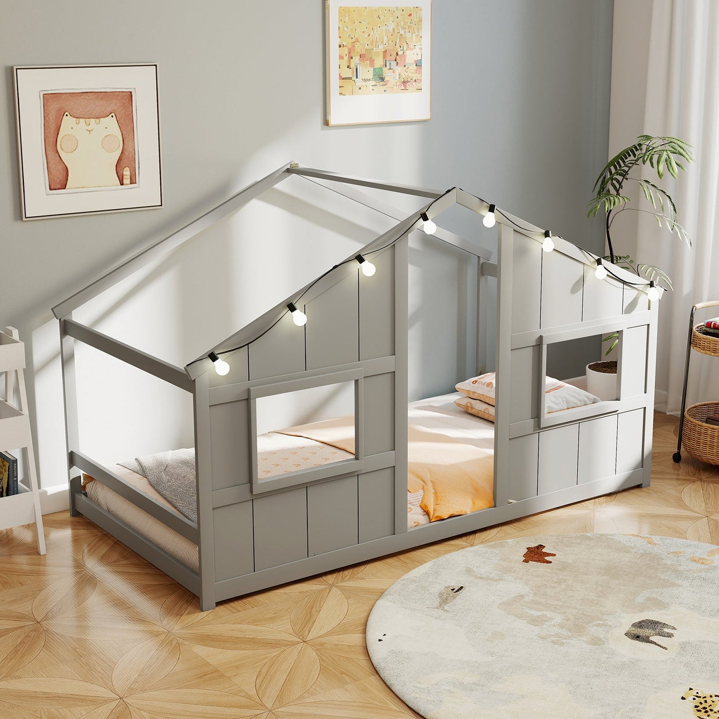 Twin Size House Bed with LED Lights Montessori Slat-free Floor Bed