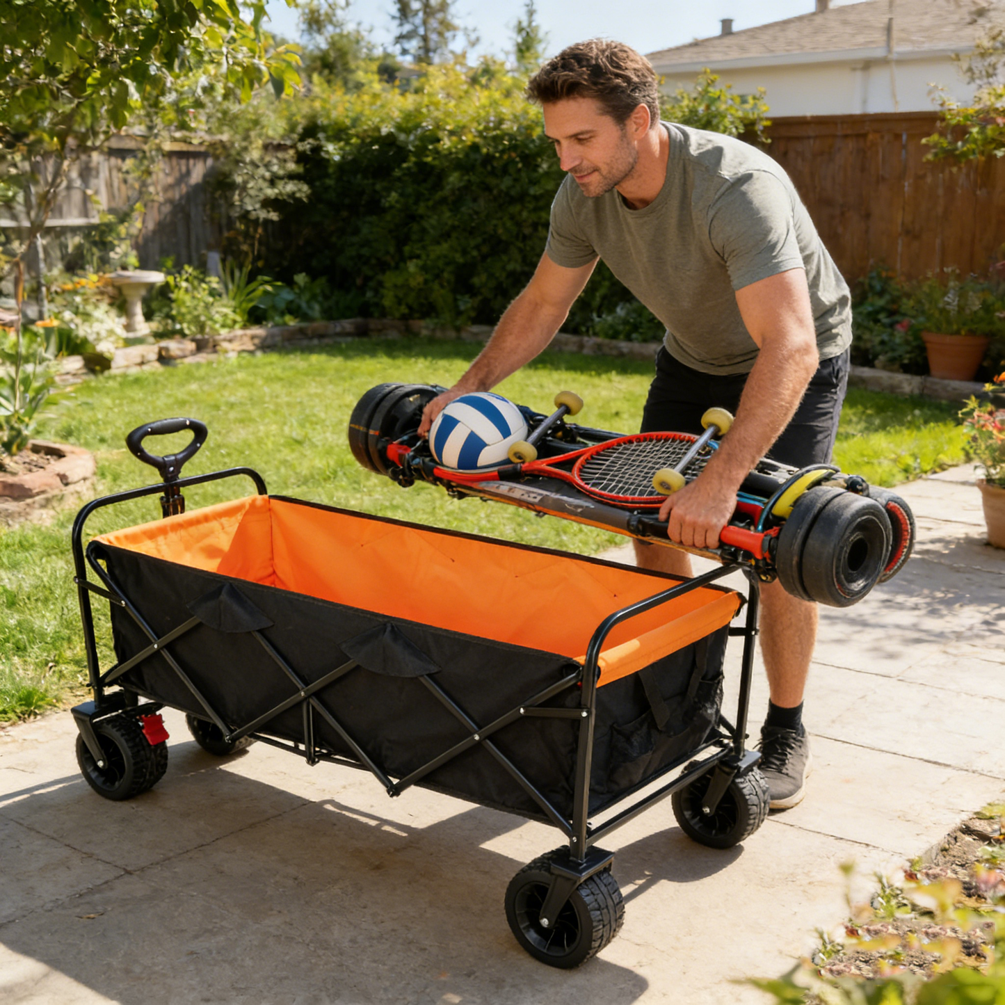 HouseOfZazla Big Large Capacity Folding Wagon Cart with Extender Black and Orange outdoor wagon on Tampa Home & Garden Store