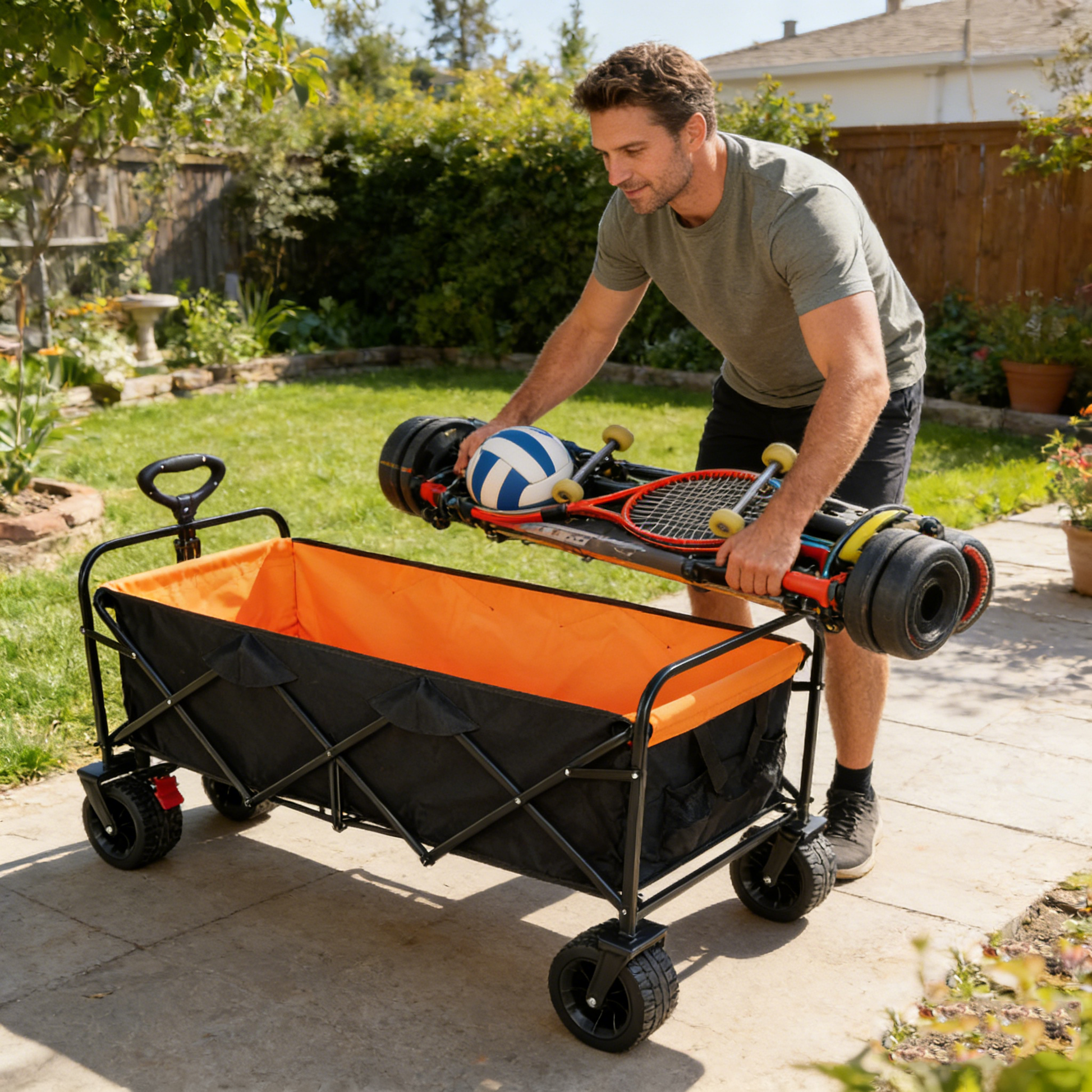 HouseOfZazla Big Large Capacity Folding Wagon Cart with Extender Black and Orange outdoor wagon on Tampa Home & Garden Store
