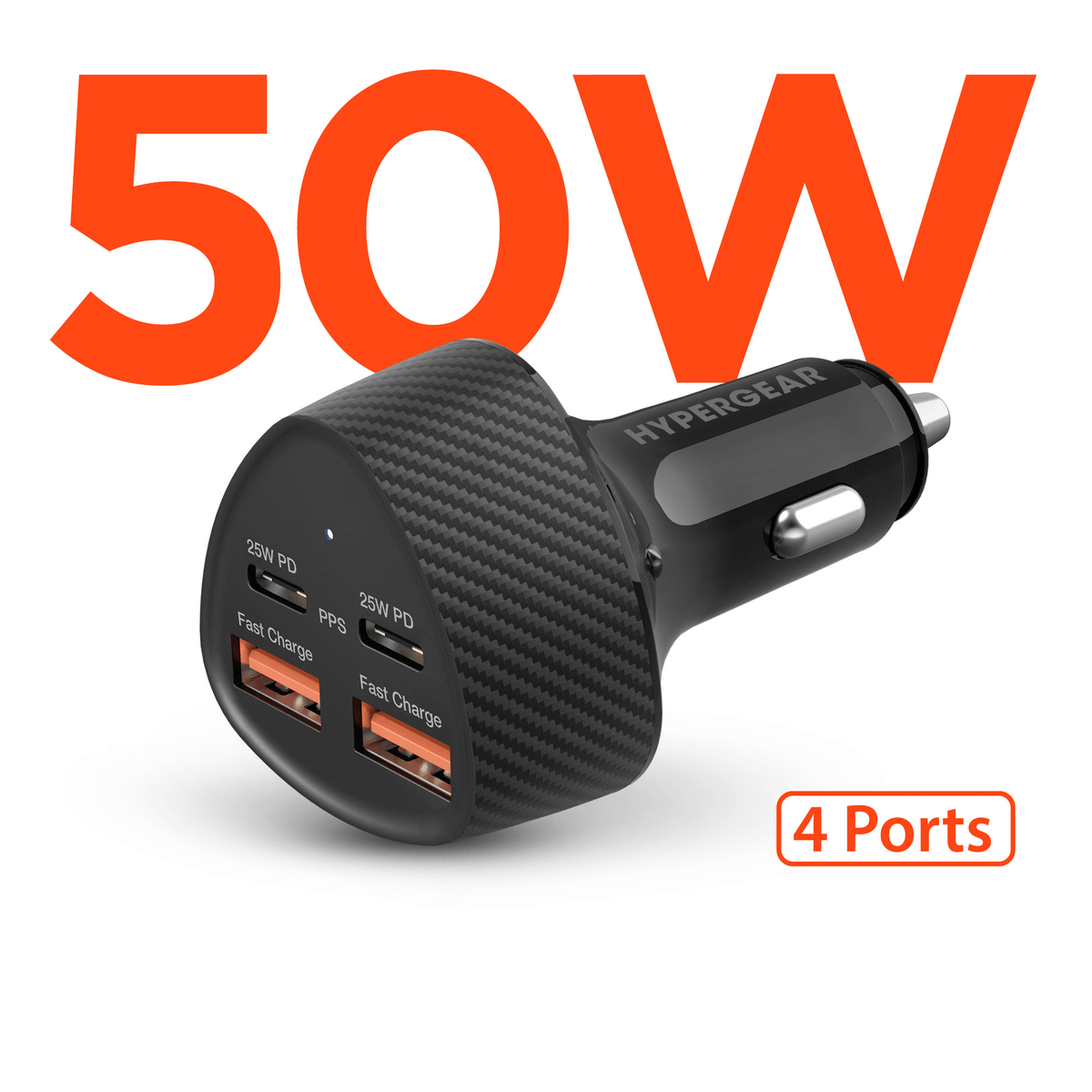 Speedboost Quad PD car charger with carbon fiber finish and 4 ports, HyperGear label on Tampa Home & Garden Store