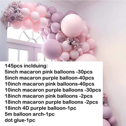 145pcs pink balloon arch garland by Stevvex with pink and purple balloons over doorway on Tampa Home & Garden Store
