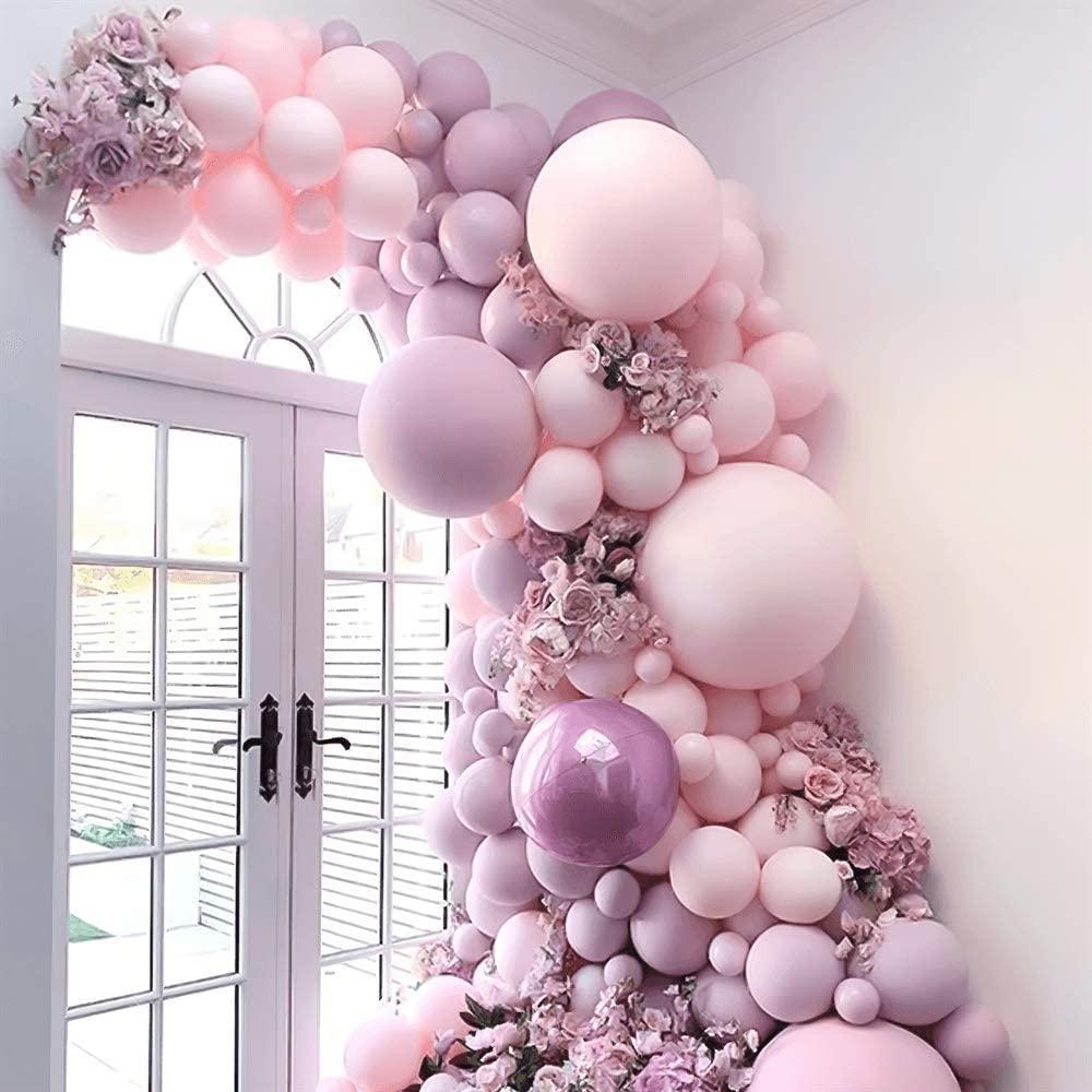 145pc Stevvex pink balloon arch garland with pastel pink/lavender balloons and floral on Tampa Home & Garden Store