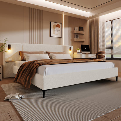 Elegant Boucle Bed With Built In Light And Shelf