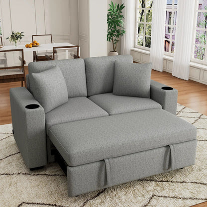 Modern gray fabric 2-seater sleeper loveseat with pull-out bed and cup holders on Tampa Home & Garden Store
